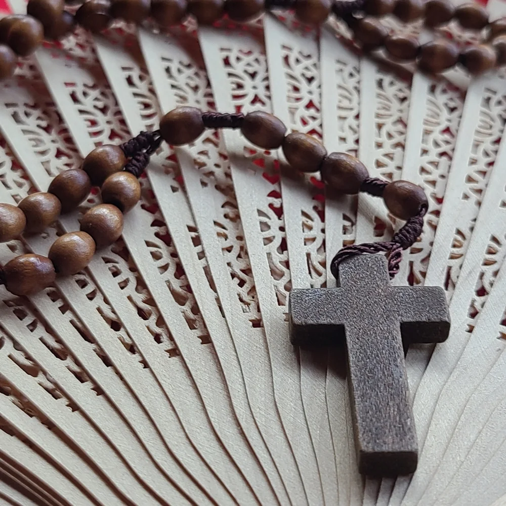 Catholic Rosary Necklace Wooden - Picture 5 of 12